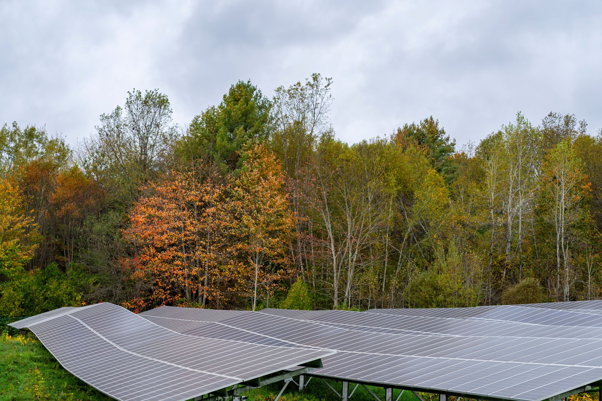 Solar panels in an agricultural field in Vermont, USA.